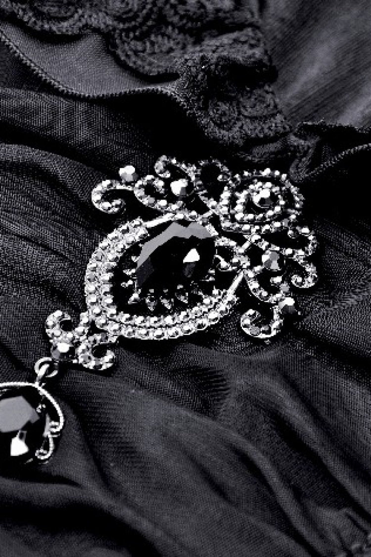 Black Lace Ruffled V Stand Collar Long Flared Sleeves Jacquard Women's Gothic Blouse