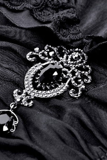 Black Lace Ruffled V Stand Collar Long Flared Sleeves Jacquard Women's Gothic Blouse