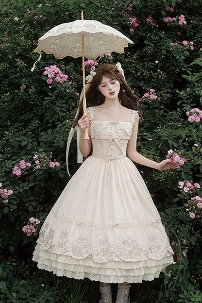 Apricot [Fantasy Butterfly] Triple-Layered Ruffle Embroidery Bowknot Lace Sweet Princess Lolita Jsk Dress