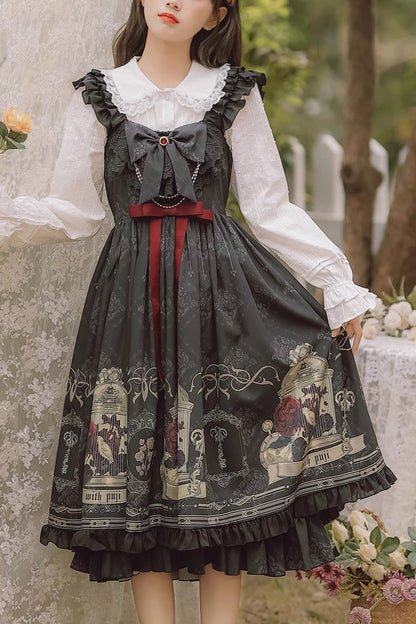 Black Birdcage Rose Print Ruffle Bowknot Gothic Princess Lolita Dress