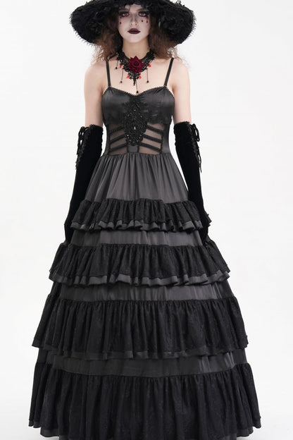 Black Multi-Layered Ruffle Lace-Up Mesh Women's Gothic Dress