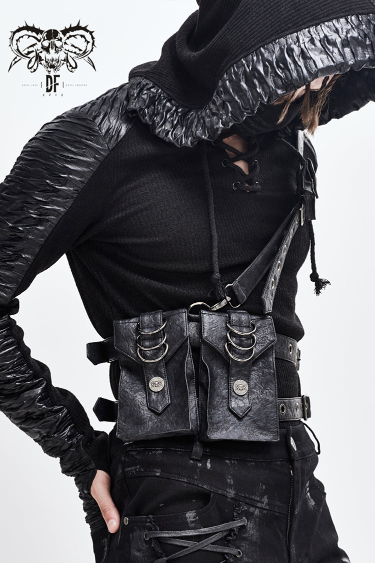 Black Leather Large Capacity Adjustable Fog Flower Men's Gothic Waist Bag