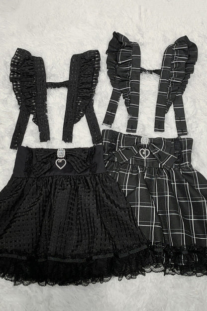 Black Plaid Print Ruffle Bowknot Lace Jirai Kei Japanese Skirt