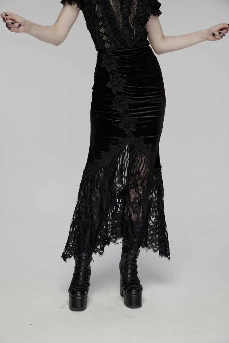 Black Embroidered Lace Slim Women's Gothic Fishtail Velvet Skirt