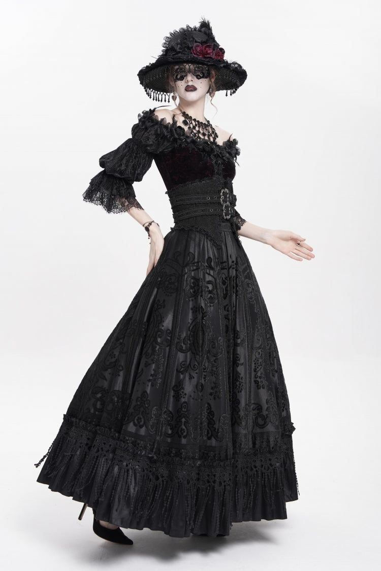 Black Jacquard Embroidery Buckle Tassels Women's Gothic Long Skirt