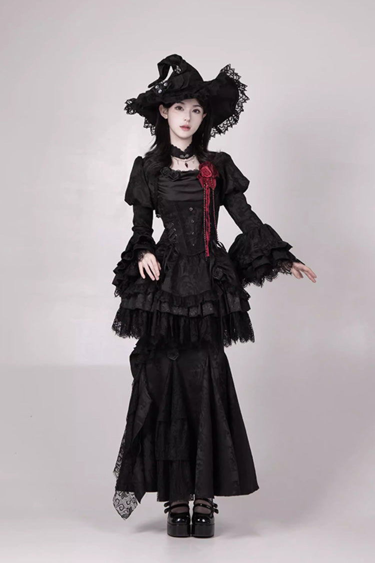Black  [Letters & Poems · Twilight] Multi-Layered Jacquard Ruffled Witch Gothic Lolita Skirt 2 Versions