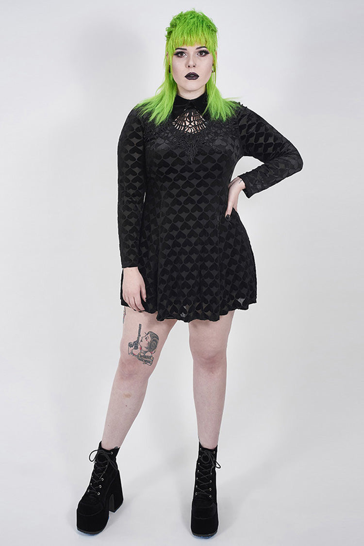 Black Front Chest Hollow-Out Decals Long Sleeve Back Waist Lace-Up Plus Size Mercerized Velvet Print Women's Gothic Dress