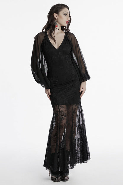Black Long Plunging Batwing Sleeves Hollow Embroidery Women's Punk Dress