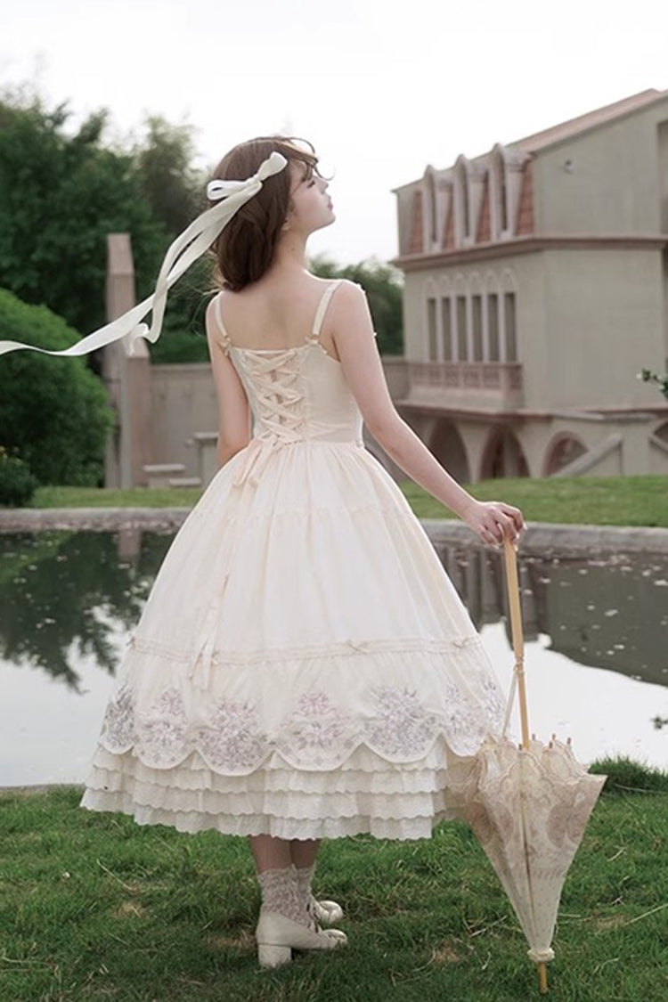 Apricot [Fantasy Butterfly] Triple-Layered Ruffle Embroidery Bowknot Lace Sweet Princess Lolita Jsk Dress