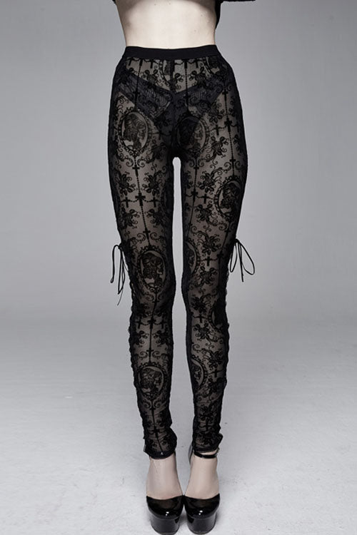 Black Flocking Printing Sexy Elastic Waistband Mesh Gothic Womens Pants