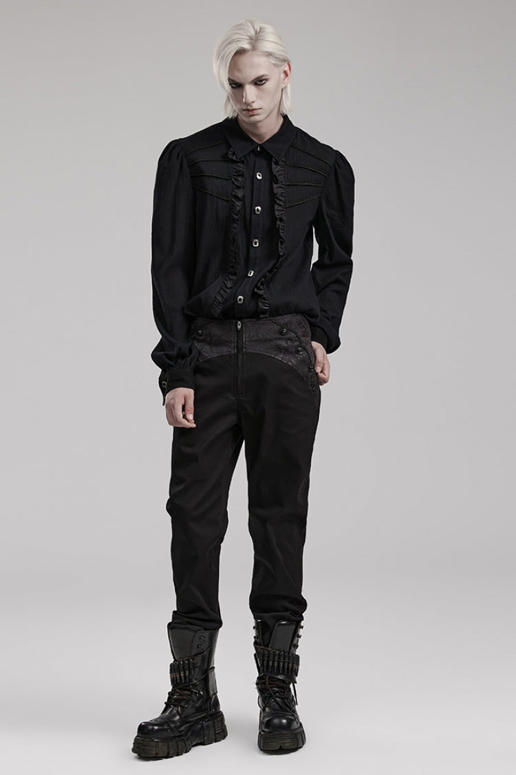 Black Leather Stitching Slim Front Zipper Men's Gothic Pants