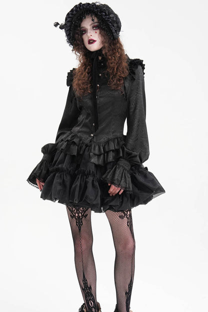 Black Long Sleeves Print Ruffle Lace Women's Gothic Blouse