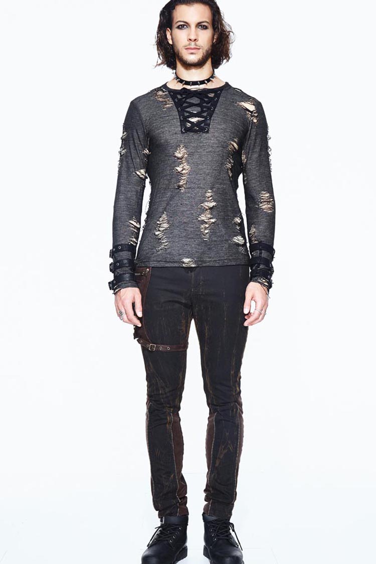 Black Long Sleeves Broken Holes Chest Lace Up Loop Cuff Men's Punk Shirt