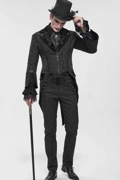 Black Gothic Embroidered Print Pattern Metal Pattern Buckle Decoration Trumpet Sleeve Men's Swallowtail Coat