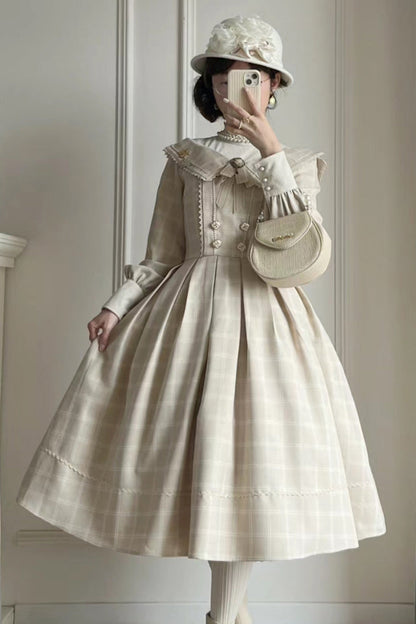 Apricot [Fontainebleau] Long Sleeves Plaid Print Bowknot Elegant Sweet Lolita Dress