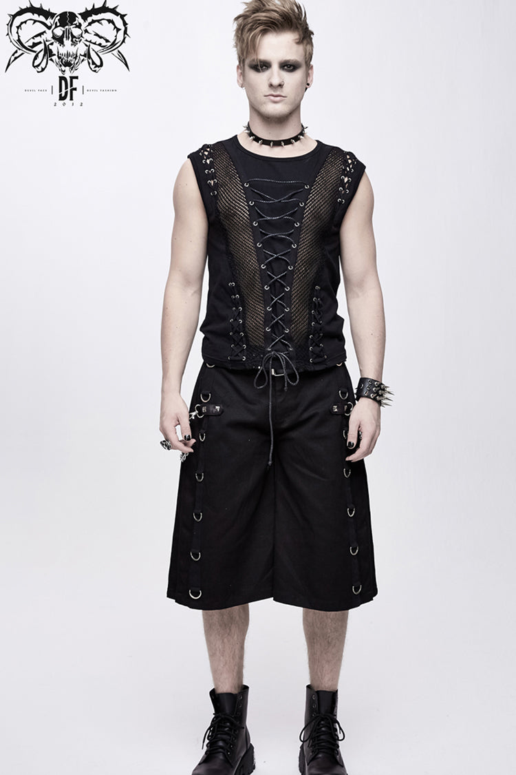 Black Chest Lace Up Splice Coarse Grain Men's Punk Vest
