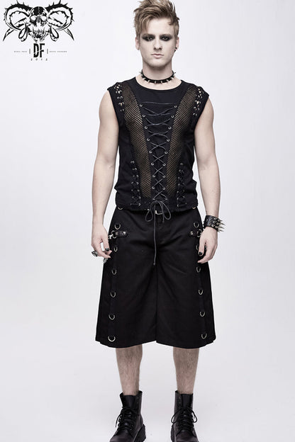 Black Chest Lace Up Splice Coarse Grain Men's Punk Vest