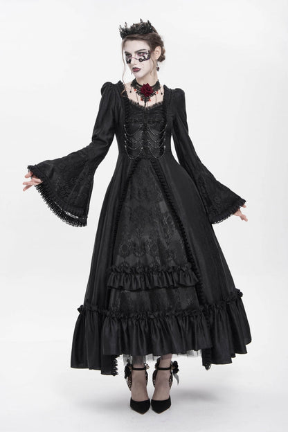 Black Long Sleeves Floral Embroidery Lace-Up Pleated Women's Gothic Dress