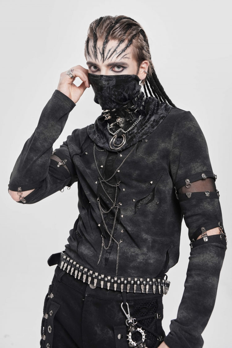 Black Long Sleeves Cutout Rivets Chain Men's Punk Blouse