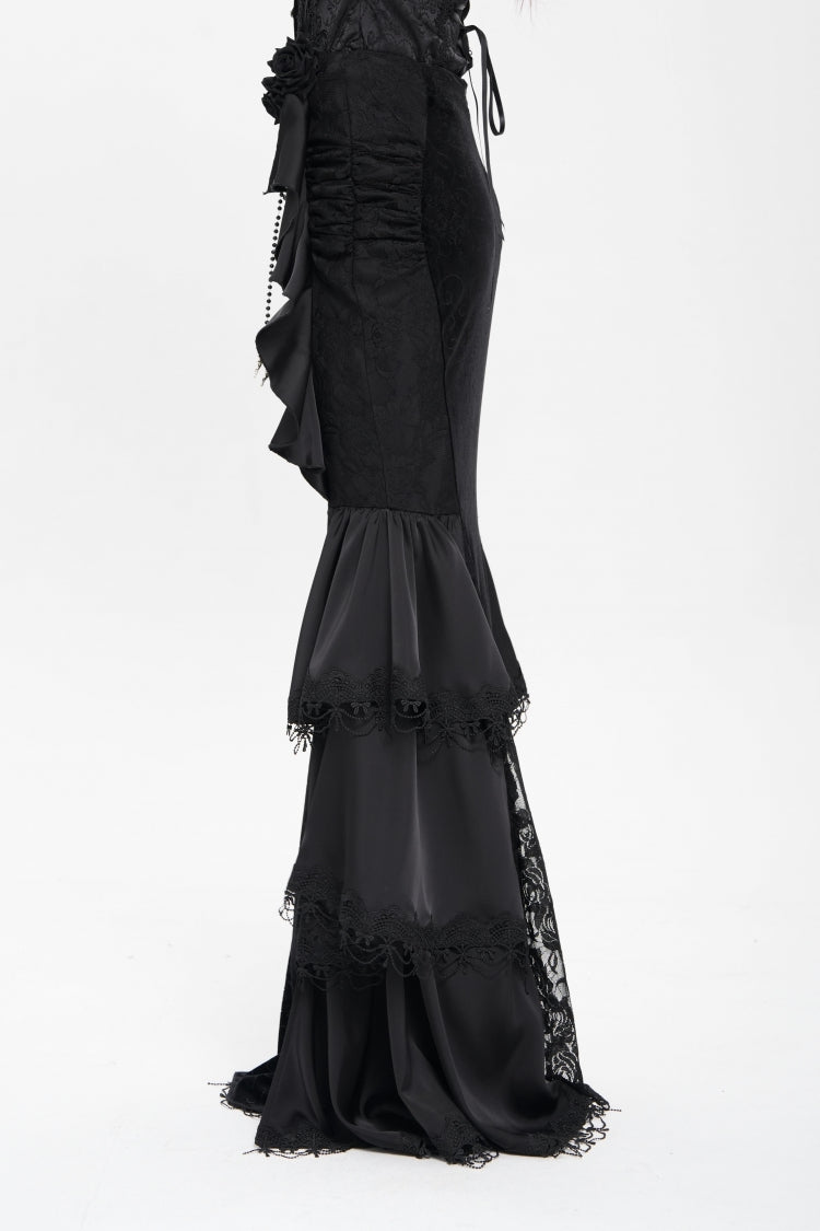 Black Floral Print Lace-Up Rose Chain Women's Gothic Fishtail Skirt