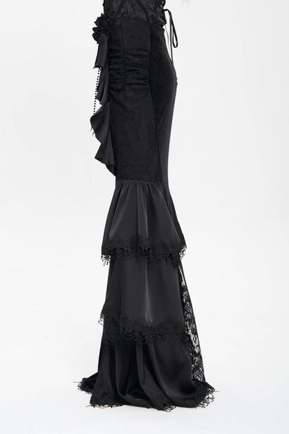 Black Floral Print Lace-Up Rose Chain Women's Gothic Fishtail Skirt