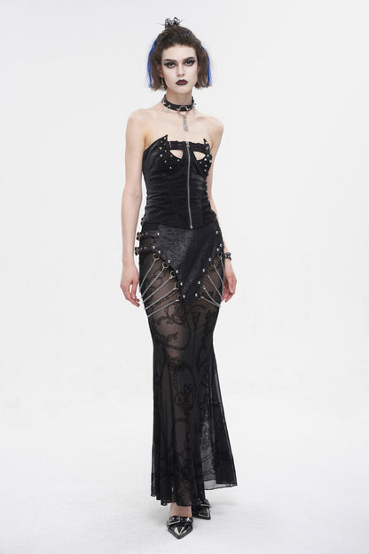 Black Mesh Splice Chain Fishtail Women's Gothic Skirt