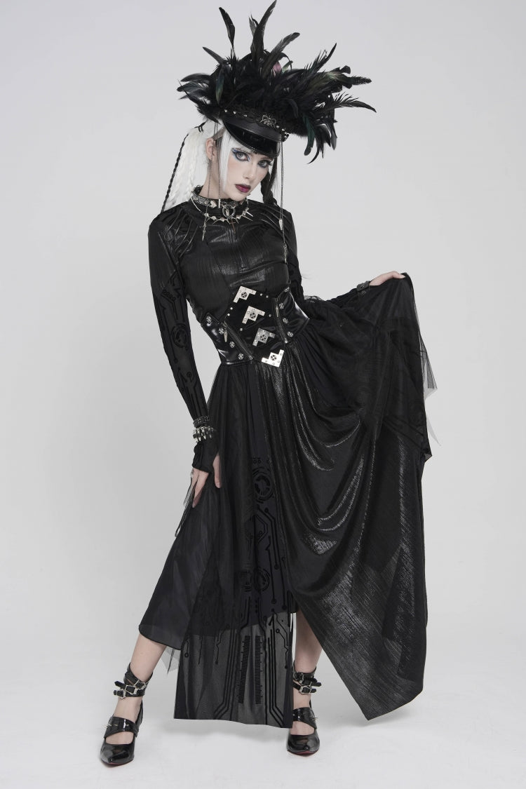 Black Multi-Layered Lace-Up Slim Irregular Asymmetric Eyelet Women's Gothic Long  Skirt