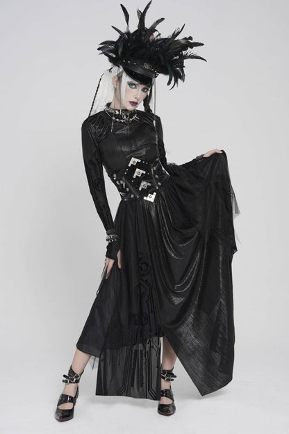Black Multi-Layered Lace-Up Slim Irregular Asymmetric Eyelet Women's Gothic Long  Skirt