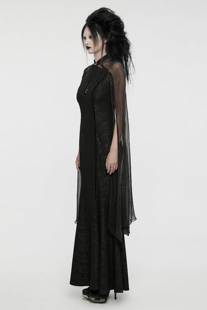Black Cheongsam Collar Chiffon Stitching Ripped Women's Gothic Dress