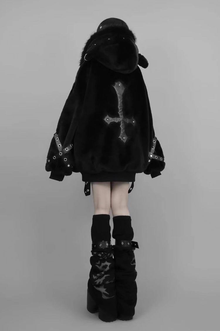 Black Long Sleeves Lamb Ears Hooded Rivet Punk Japanese Jirai Kei Coat