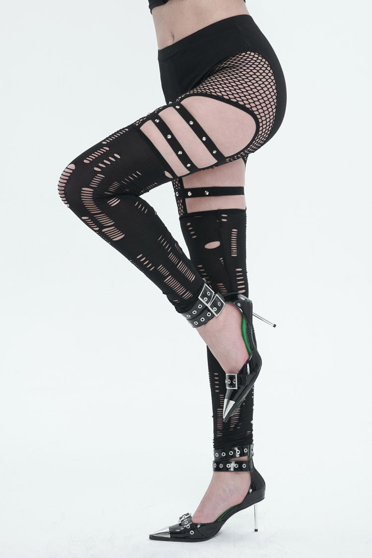 Black Elastic Asymmetrical Hole Knit Stitching Mesh Women's Punk Leggings