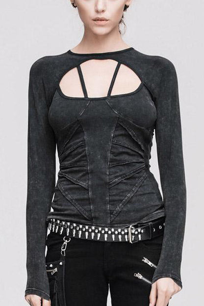 Black Hollow Out Long Sleeves Womens Punk Straps T-Shirt