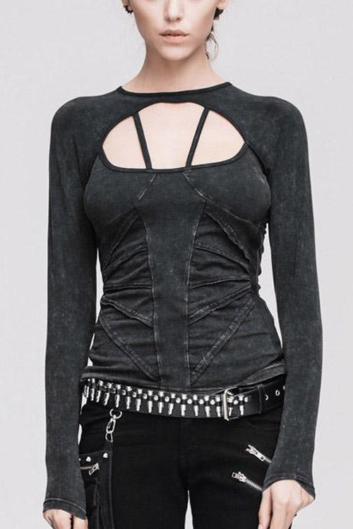 Black Hollow Out Long Sleeves Womens Punk Straps T-Shirt