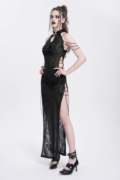 Black Halterneck Sleeveless Cheongsam Collar Side Slit Embroidery Women's Gothic Dress