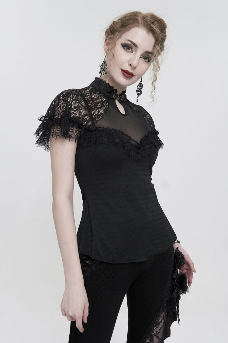 Black Chinese Style V-Neck Nail Drill Chest Stitching Mesh Raglan Sleeves Gothic Cheongsam Style Women's Slim T-Shirt