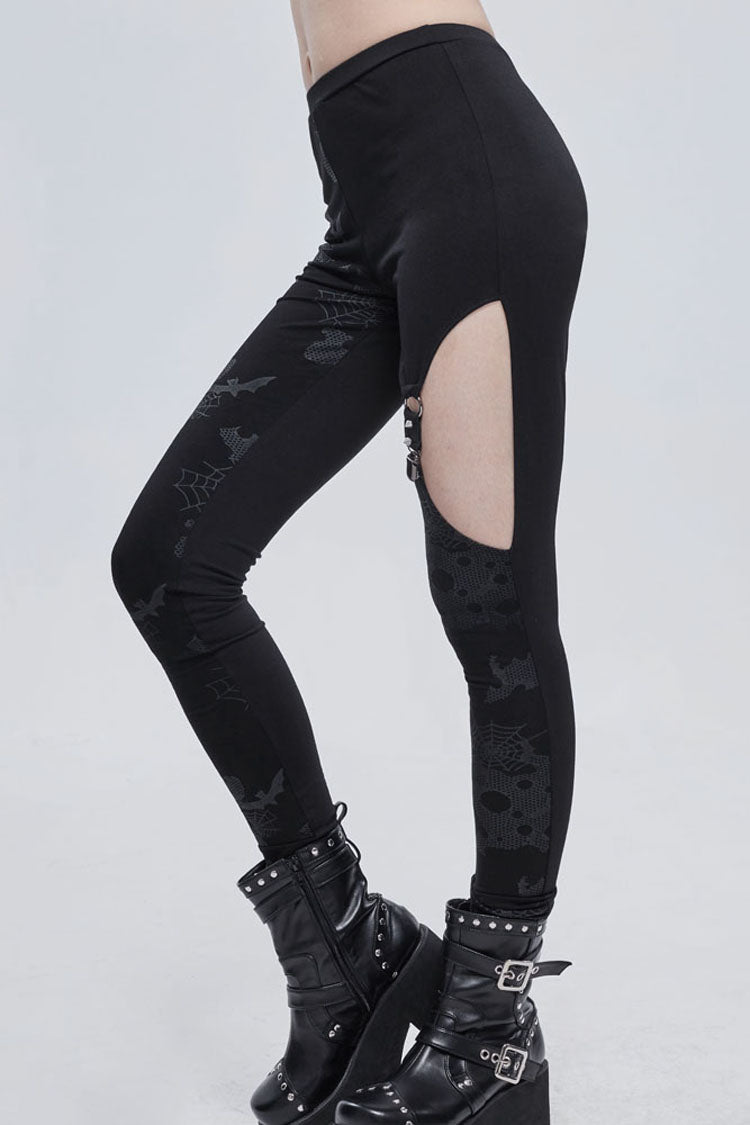 Black Gothic Ripped Spider Web Print Asymmetric Belt Buckle Decoration Women's Leggings