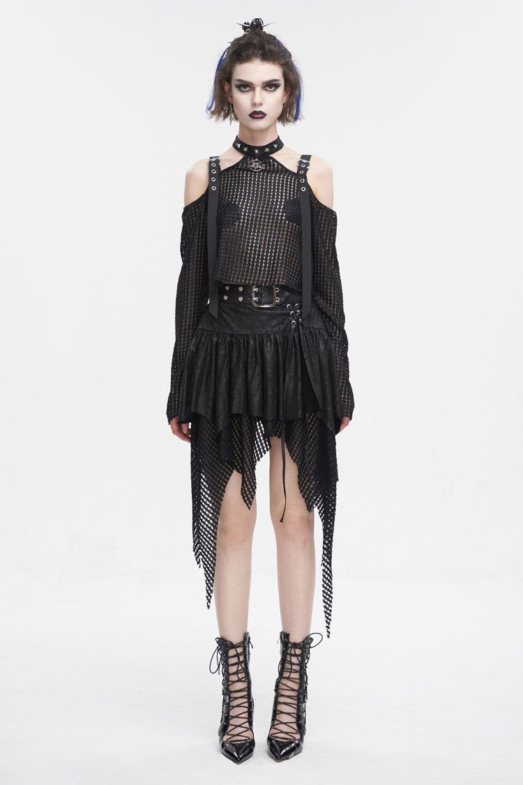 Black Off Shoulder Buckle Sheer Crop Women's Punk Shirt