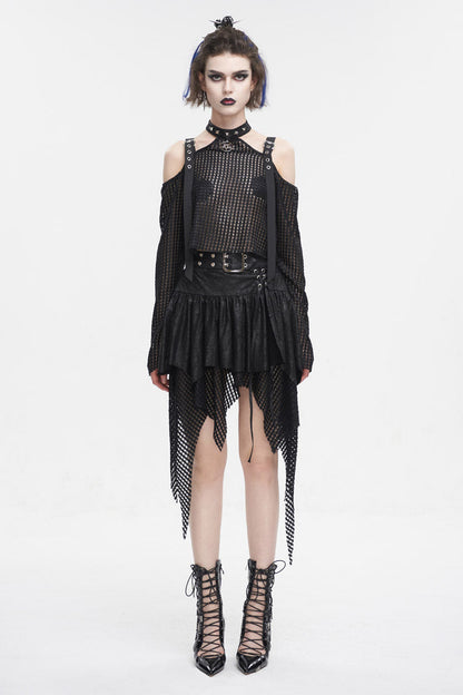 Black Off Shoulder Buckle Sheer Crop Women's Punk Shirt