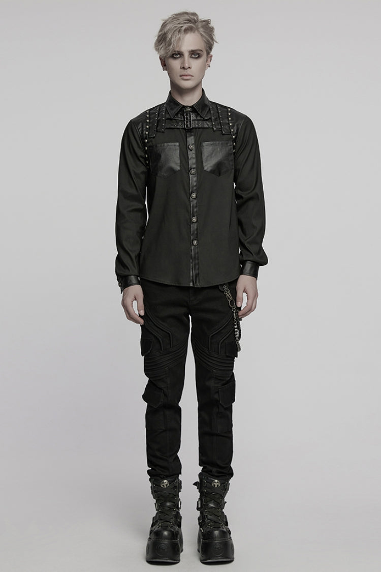 Black Lapel Collar Long Sleeves Faux Leather Stitching Buckle Men's Punk Blouse