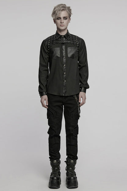 Black Lapel Collar Long Sleeves Faux Leather Stitching Buckle Men's Punk Blouse