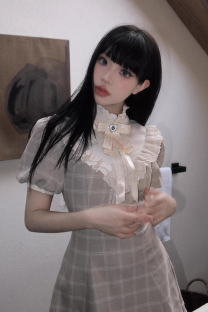 Apricot Short Sleeves Plaid Printed Lace Jirai Kei Japanese Dress