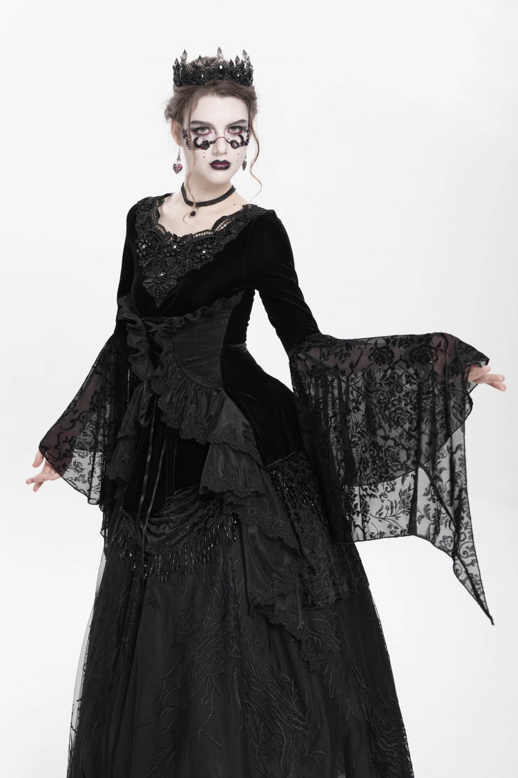 Black Long Sleeves Lace-Up Beaded Pleated Women's Gothic Blouse