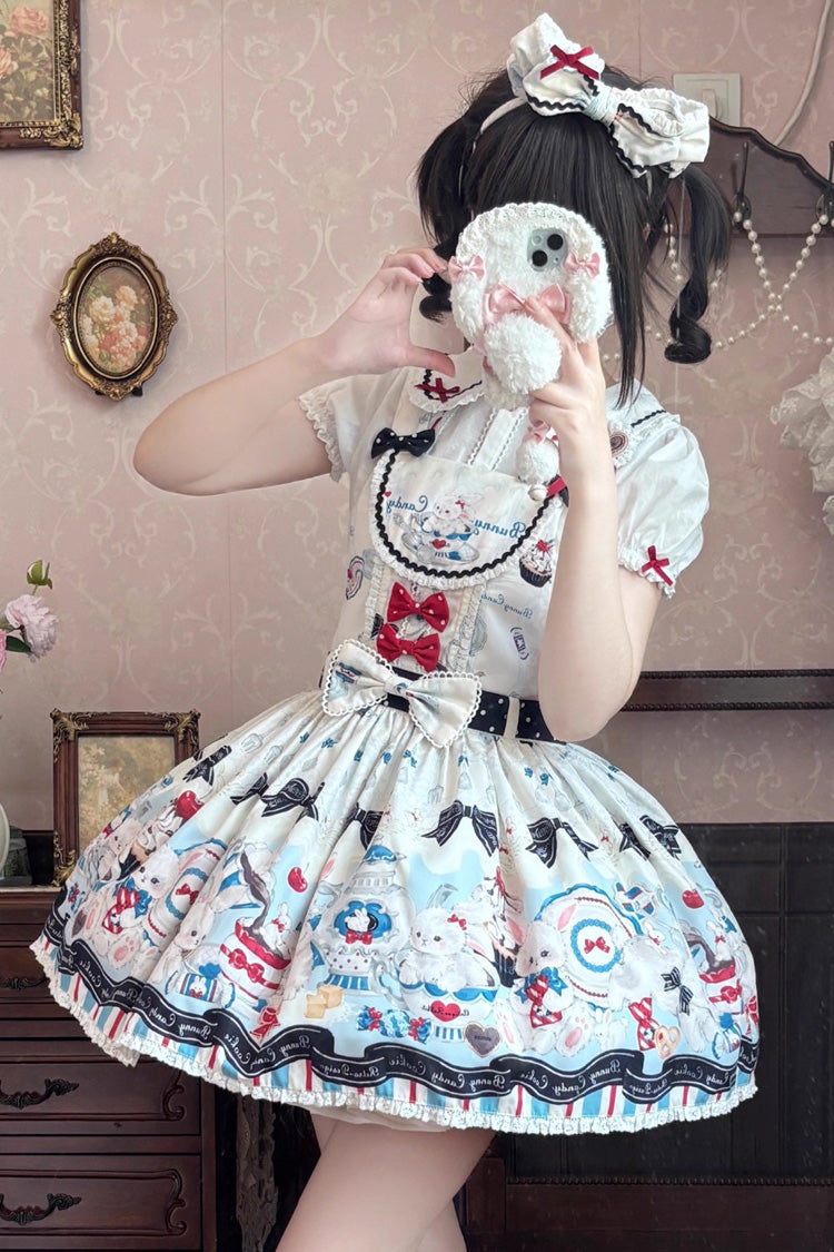 Beige [Mystery Rabbit Tea Party] Sleeveless Print Bowknot Lace Sweet Lolita Strap Dress