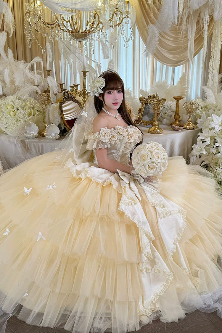 Apricot [Heart’s Beloved Rose] Sleeveless Ruffled Hanayome Bow Lace Lace-Up Sweet Lolita Jsk long Dress