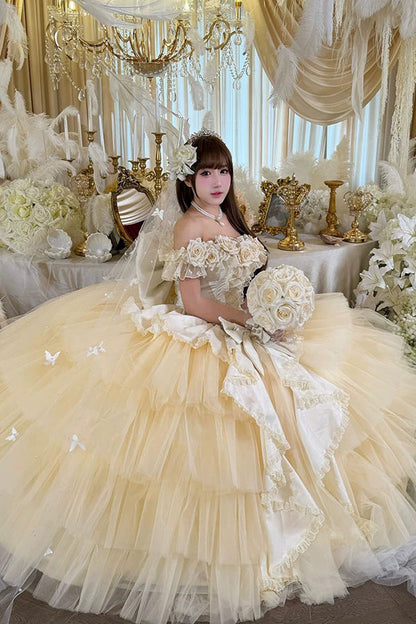Apricot [Heart’s Beloved Rose] Sleeveless Ruffled Hanayome Bow Lace Lace-Up Sweet Lolita Jsk long Dress