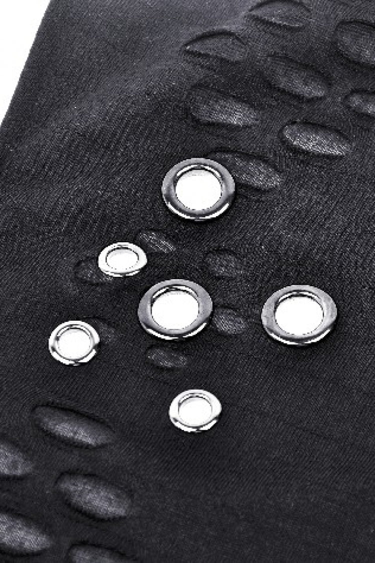 Black Long Sleeves Cut-Out Ripped Zippered Eyelets Women's Punk Distressed Top