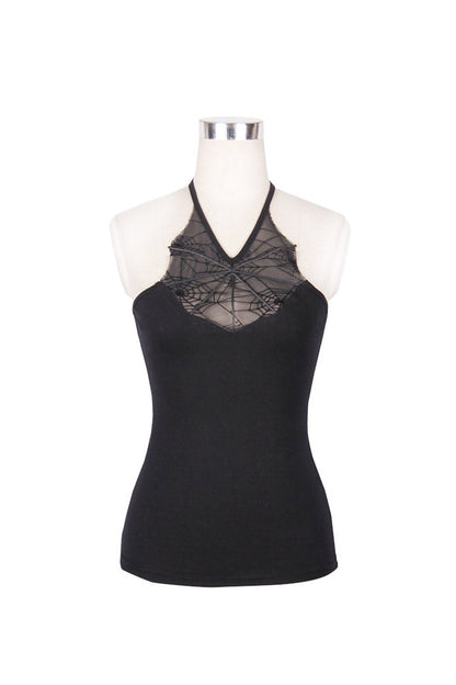 Black Front Chest Spider Web Flocking Printing Mesh Tight Halter Women's Punk Vest