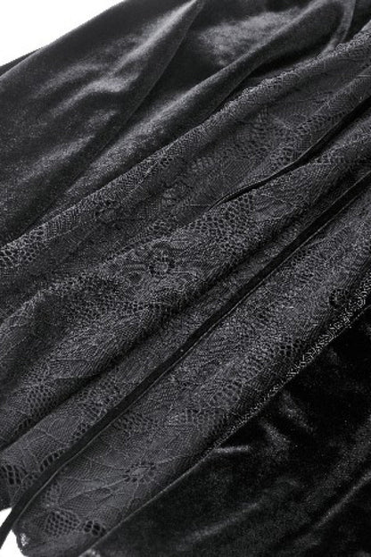 Black Long Trumpet Sleeves Spliced Lace-Up Spider Mesh Women's Gothic Velvet Wedding Dress