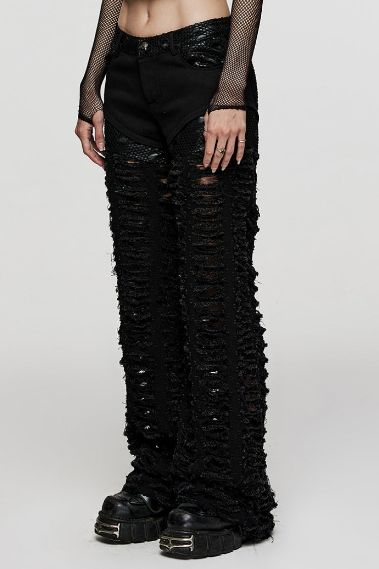 Black Embossed Stitching Mesh Ripped Women's Steampunk Straight Pants