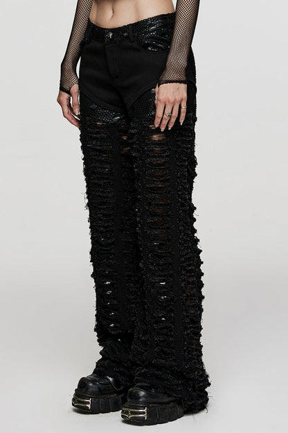 Black Embossed Stitching Mesh Ripped Women's Steampunk Straight Pants